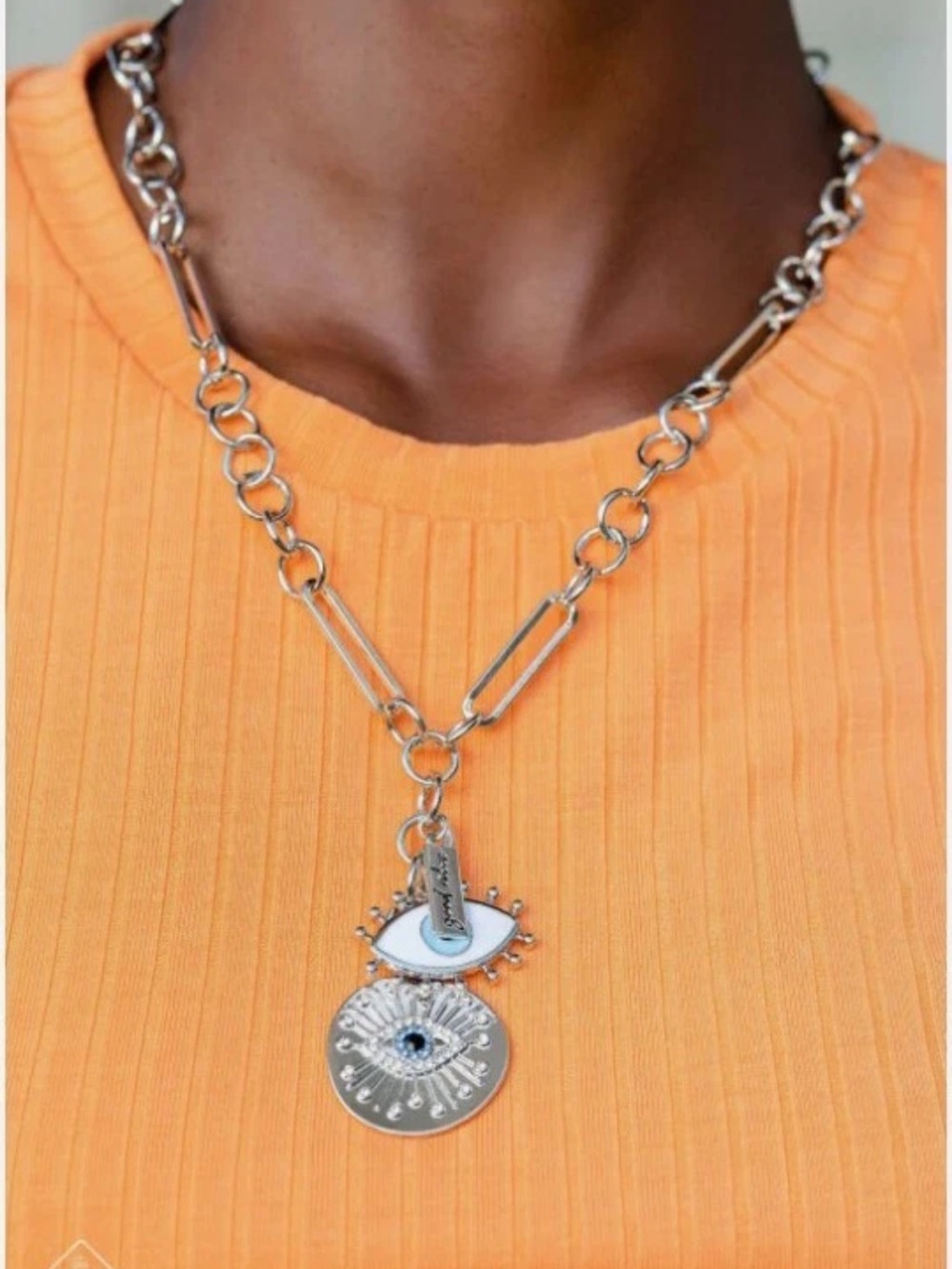New! Friday Night Vibes Silver Charm Evil Eye Pendant Necklace & Earrings Set